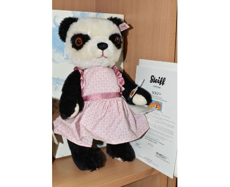 A BOXED STEIFF LIMITED EDITION 'SOO' PANDA, the character from the Sooty TV Show, jointed with black and white mohair and cot