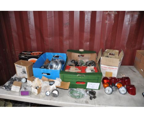 THREE TRAYS CONTAINING TRIUMPH SPITFIRE AND MG TF CAR PARTS AND INDUSTRIAL DIALS including head and tail light bulbs and asse