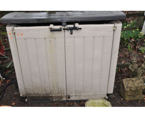 A MODERN PLASTIC GARDEN ENCLOSURE with some garden tools inside width 145cm depth  84cm height 127cm