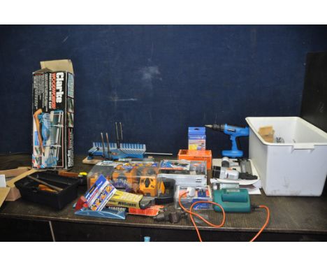 TWO TRAYS CONTAINING POWER AND HAND TOOLS including a folding workbench, a Plasplugs drill sharpener, a Promax rotary tool (b