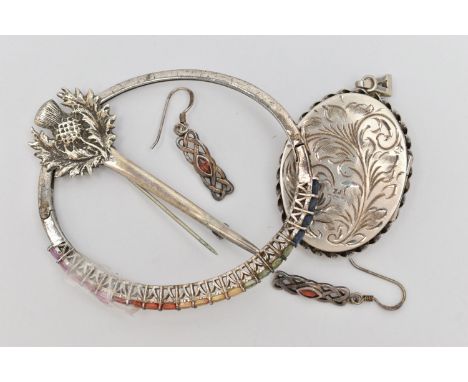 FOUR ITEMS OF JEWELLERY, to include a white metal hinged bangle, set with a row of oval cut stones, assessed as citrine, peri