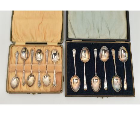 TWO CASED SETS OF SILVER TEASPOONS, the first including six spoons, decorated with floral terminals, hallmarked 'Frederick C 