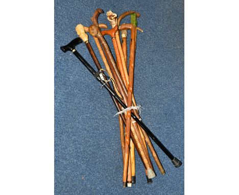 A COLLECTION OF WALKING STICKS, comprising eleven sticks, a resin 'Beethoven' topped stick, an Oriental style resin frog topp