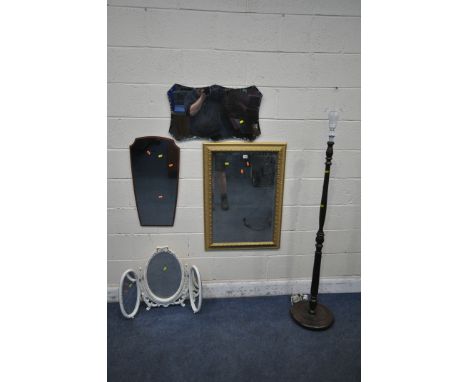 A GILT FRAMED BEVELLED EDGE WALL MIRROR, 90cm x 64cm, a frameless mirror, a teak frame mirror, a white triple dressing mirror