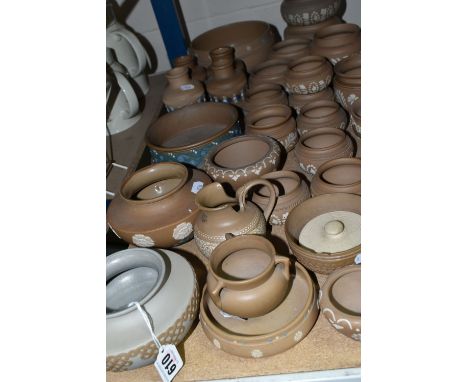 A QUANTITY OF DOULTON LAMBETH SILICON WARE PLANT POTS AND JARDINIERES ETC, most have coloured enamel decoration as well as in
