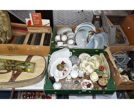 FOUR BOXES AND LOOSE CERAMICS, GLASS, BOOKS, TEDDY BEARS, SEWING MACHINE AND SUNDRY ITEMS, to include two vintage teddy bears