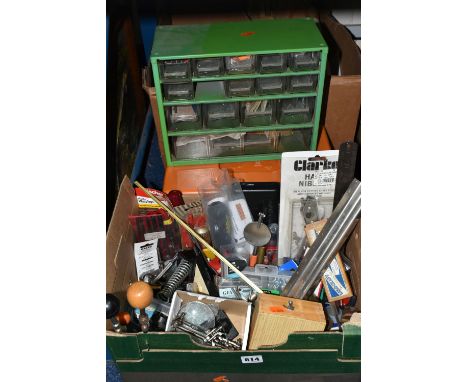 THREE BOXES AND A METAL ACCESSORY CABINET OF TOOLS AND HABERDASHERY ITEMS ETC, to include a plastic sewing box containing cot