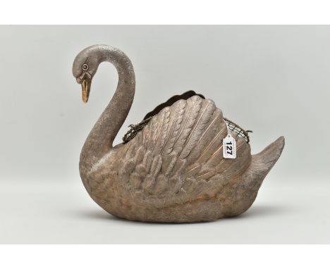 AN ELIZABETH II SILVER FLORAL CENTREPIECE, realistically textured swan with a gold plated beak, open centre for flower arrang