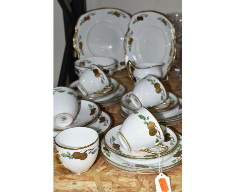 A TWENTY EIGHT PIECE ROYAL ALBERT CROWN CHINA 1920s TEA SET, pattern no 4795, with gilt fruit on printed and tinted branches,