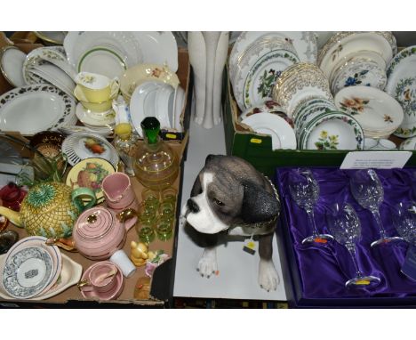 FOUR BOXES AND LOOSE CERAMICS AND GLASS ETC, to include a boxed set of six Edinburgh Crystal wine glasses, Royal Worcester 'W