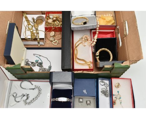 A BOX OF ASSORTED COSTUME JEWELLERY, to include a Monet bangle, a boxed 'Frankin Mint', Cleopatra bracelet watch, 'Ciro, Mano