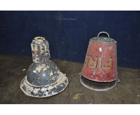 A VINTAGE PAINTED FIRE BUCKET with gold and black writing and two handles along with a vintage metal light shade 14in in diam