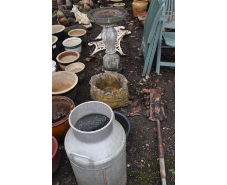 A MODERN COMPOSITE BIRD BATH 75cm high, a Milk Marketing Board aluminium milk churn, a Guinness ice bucket and a wheat sack p