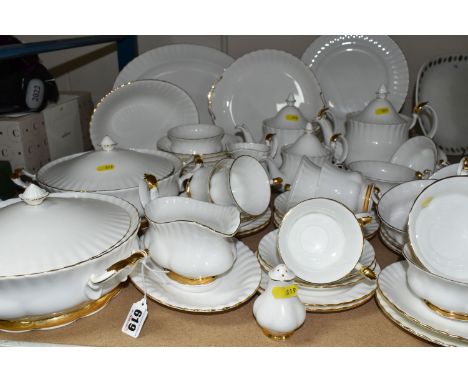 A QUANTITY OF ROYAL ALBERT 'VAL D'OR' PATTERN DINNERWARE, comprising two covered tureens, oval meat plate, oval serving dish,