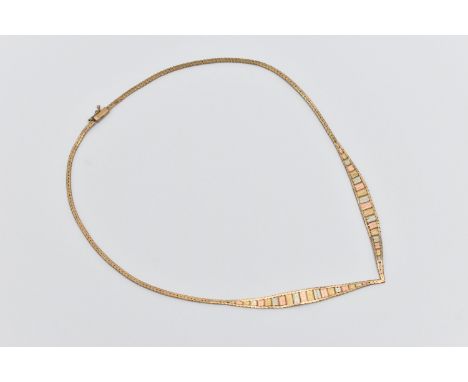 A 9CT GOLD TRI-COLOUR NECKLACE, the tapered V-shape necklace with flattened herringbone chain, to the push piece clasp, with 
