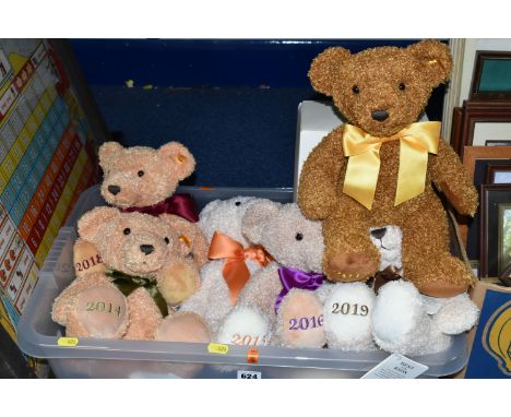 ONE BOX OF SIX STEIFF 'COSY YEAR' PLUSH BEARS, comprising  2014, 2015, 2016, 2017, 2018, 2019, all bears have swing tags, ori