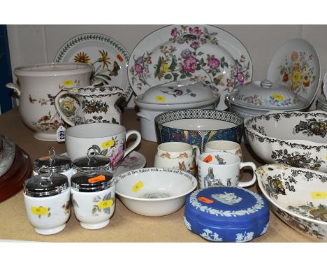 A SELECTION OF NAMED CERAMICS, to include Royal Doulton Bunnykins, Wedgwood Peter Rabbit, Masons Fruit Basket, Royal Worceste