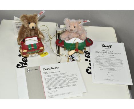 TWO BOXED LIMITED EDITION STEIFF CHRISTMAS ORNAMENTS, comprising 2017  690440 Bear in a toy car No.572 and 2016  690068 Bear 