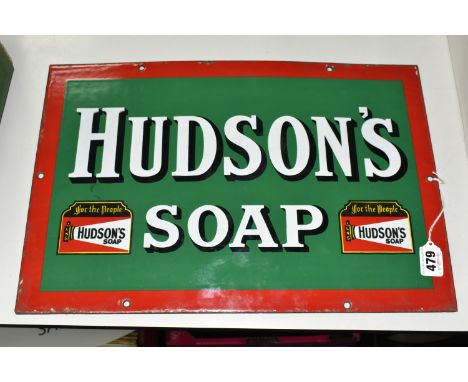 A WALL MOUNTED ENAMEL 'HUDSON'S SOAP' ADVERTISING SIGN, some enamel loss, damage and wear mainly to edges and around fixing h