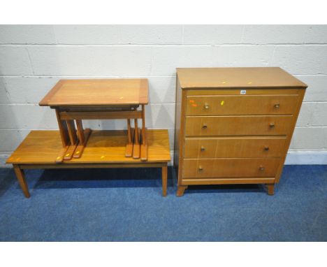 A MID CENTURY LEBUS CHEST OF FOUR DRAWERS, width 78cm x depth 44cm x height 102cm, a coffee table and a nest of three tables 