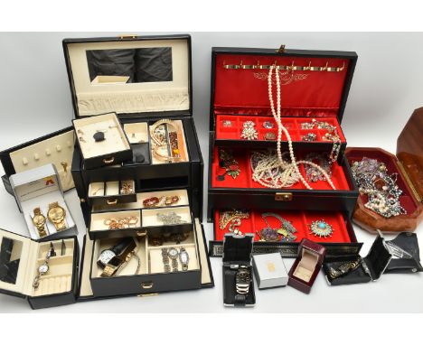 A BOX OF JEWELLERY BOXES AND ASSORTED COSTUME JEWELLERY, to include two black jewellery boxes and a wooden jewellery box with