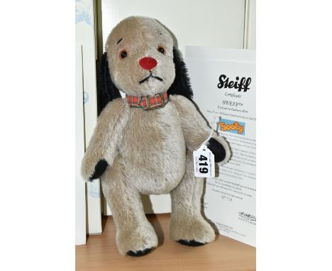 A BOXED STEIFF LIMITED EDITION 'SWEEP', the character from the Sooty TV Show, jointed with black and grey mohair and cotton '