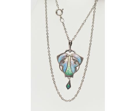 A SILVER ARTS AND CRAFTS ENAMEL PENDANT AND CHAIN, the pendant decorated with light blue, purple and green enamel, with dropp