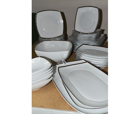 A MODERN LIMOGES J.L. COQUET, PRÉLUDE DINNER SERVICE, with a black and gilt border, comprising one serving bowl 24cm x 24cm, 