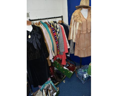 THREE BOXES AND LOOSE VINTAGE CLOTHING, to include a ladies' cream and apricot striped fur jacket, a mink fur stole, a vintag