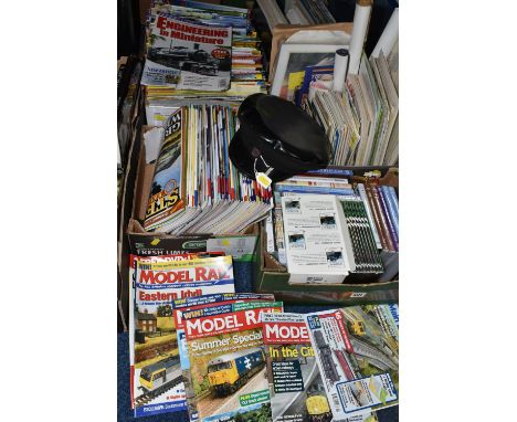 FIVE BOXES OF RAILWAY EPHEMERA to include magazines (Engineering in Miniature, Model Rail, History of Railways, etc) DVDs, VH