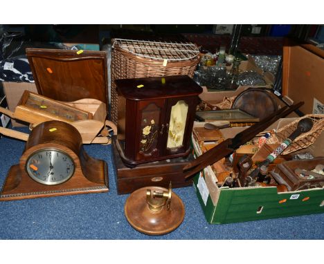 TWO BOXES AND LOOSE TREEN AND WOODEN ITEMS ETC, to include a Mauchline ware thread holder in the form of a castle turret, a m