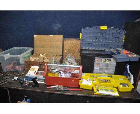 A TOOLBOX, A TRAY AND TWO WOODEN BOXES CONTAINING TOOLS including a Moore and Wright combination square, two toolmakers clamp