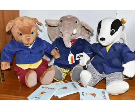 THREE STEIFF RUPERT CLASSIC CHARACTERS, comprising Algy Pug 01756, Bill Badger 017049 and Edward Trunk 017032, all with yello