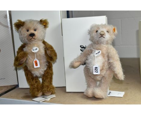TWO BOXED STEIFF TEDDY BEARS, comprising Cookie, jointed with mohair and cotton covering, gold coloured ear button and yellow