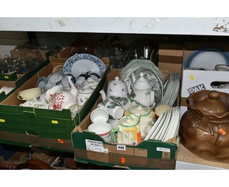 EIGHT BOXES AND LOOSE TEA, DINNER AND GLASSWARES ETC, to include a Denby Normandy teapot, Wedgwood Hedgerow dishes, Royal Sta