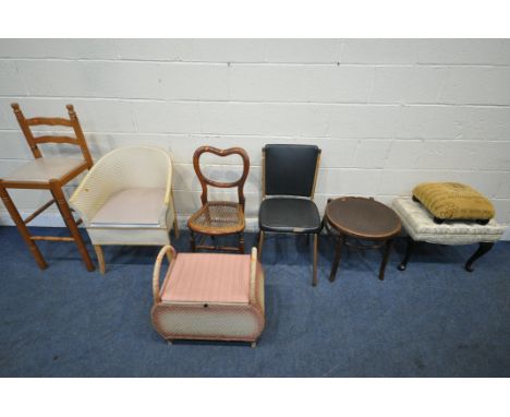 A VARIETY OF CHAIRS, to include a Keron Ltd leatherette upholstered chair, a cane seated chair, a commode, a pine bar stool, 