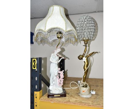 TWO FIGURAL TABLE LAMPS, to include an art deco style lamp, in the form of a gilt female figure standing on tiptoes with her 