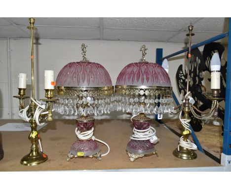 A GROUP OF TABLE LAMPS, comprising a pair of gilt metal lamp bases with two bulb fittings on each, height 56cm to top of fini