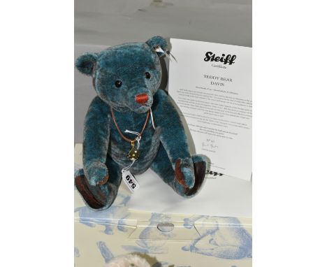 A LIMITED EDITION BOXED STEIFF TEDDY BEAR DAVIS 021077, petrol batik colourway with lucky dice pendant, height 31cm 45/1500, 