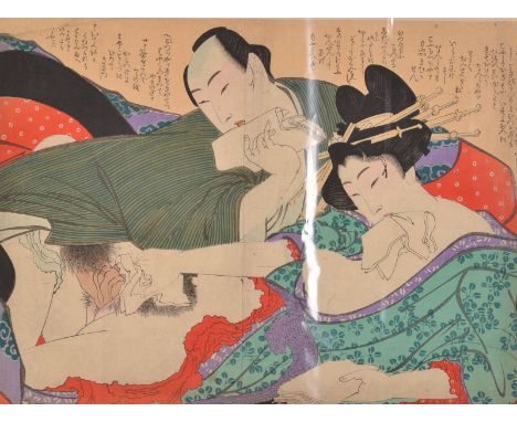 19th Century Japanese School
Erotic, amorous couple
Woodblock print
25 x 34cm