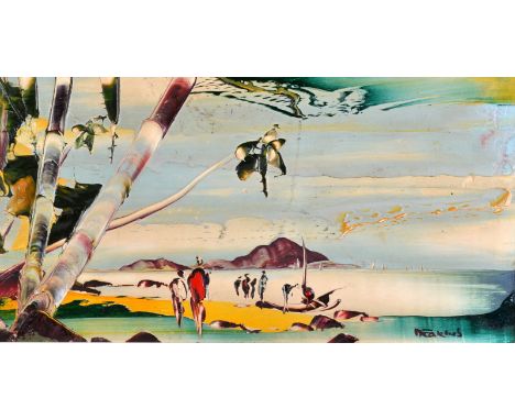 GEORGE R. DEAKINS
Trincomalee, Ceylon
Oil on board
Signed
Artist's label to the back
19 x 37cm
