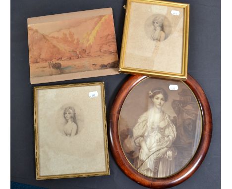 Three portrait prints and a 19th century watercolour 