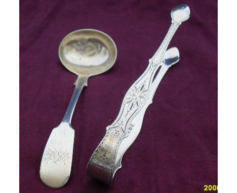 A George III bright-cut sugar tongs by Peter and Anne Bateman, London 1799 14.5 cm, 1.2 oz and a Victorian silver sauce ladle