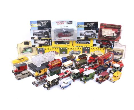 A mixed collection of diecast cars. Inlcuding Corgi Vanguard, Lledo and Solido etc, mainly classics, some boxed. 