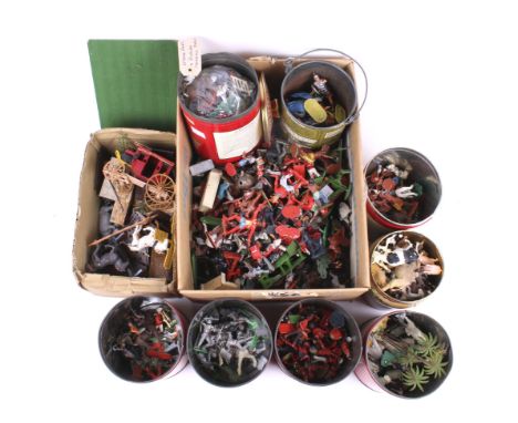 A collection of assorted vintage playworn plastic and lead figures. Including Britain Ltd 'Stage Coach', cowboys, soldiers an