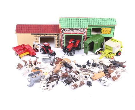 A large collection of 1:32 scale farm machinery animals and accessoris. Mostly Britains to include a Massey Ferguson 4260 tra