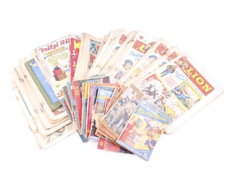A collection of vintage comics. Including 1960 'Lion' magazines, a 1949 Mickey Mouse annual, a fet of Fleetwood Library books
