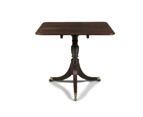 A GEORGE IV INLAID MAHOGANY SQUARE TOP TEA TABLEon ring turned centre pillar and tripod base, brass toe caps and castors.