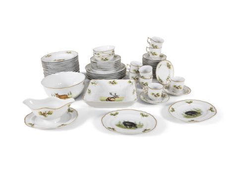 A MODERN HUNGARIAN HAND-PAINTED PORCELAIN PART SERVICE hand painted with wild animals and with floral sprays comprising three