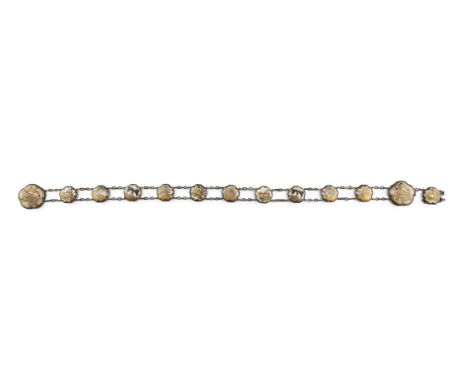 A 19TH/20TH CENTURY JAPANESE SILVER AND ENAMEL BELT, stamped with Japanese character mark, the shaped roundels with chain lin